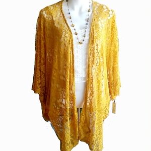 Liberty Love Yellow Floral Lace Open Cardigan Romantic Boho Size 2XL